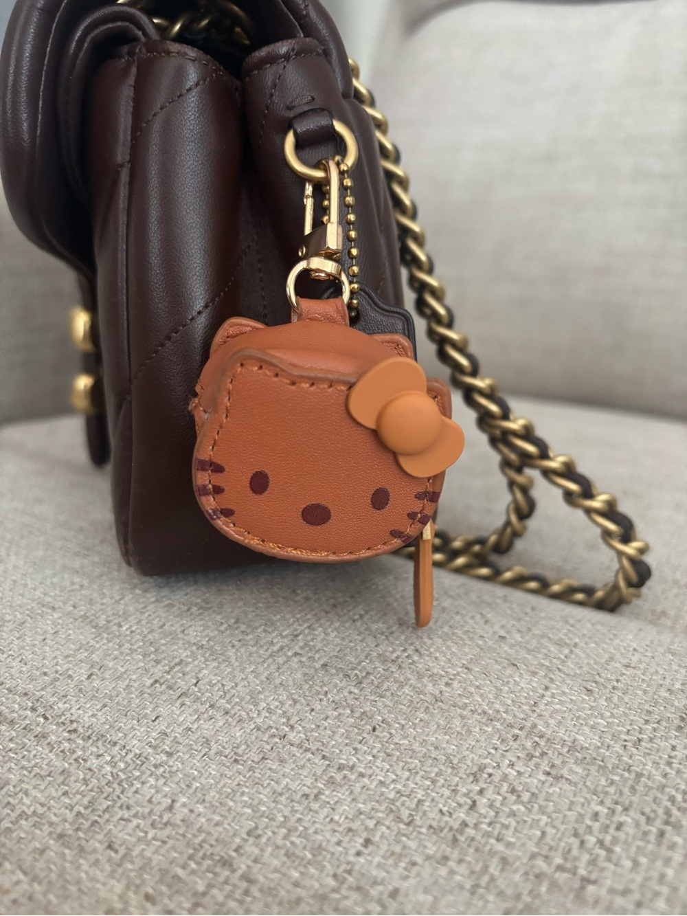 Hello Kitty Brown and Tan Leather Kitty Charm Keychain